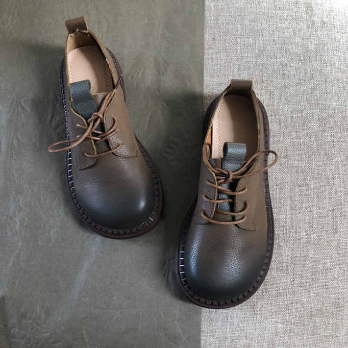Retro Lace Up Leather Shoes Round Toe Oxford Shoes Grey/Black/Brown/Coffee