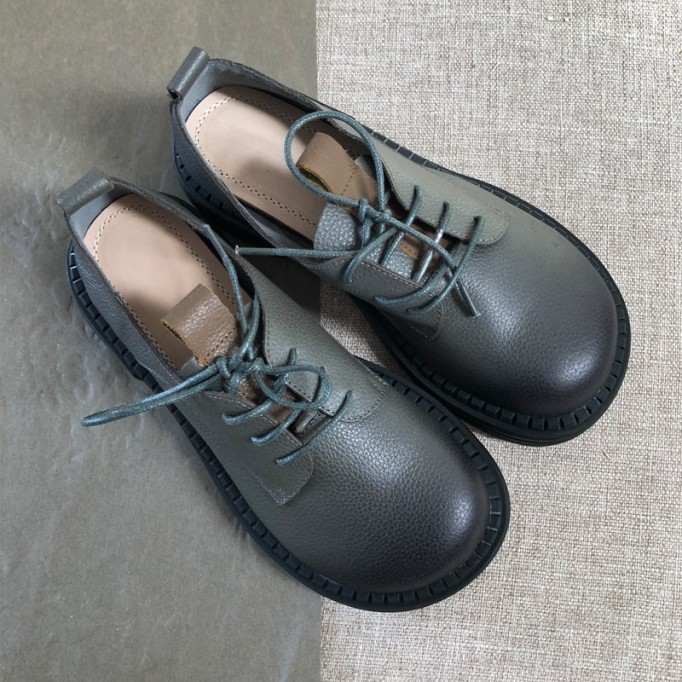 Retro Lace Up Leather Shoes Round Toe Oxford Shoes Grey/Black/Brown/Coffee