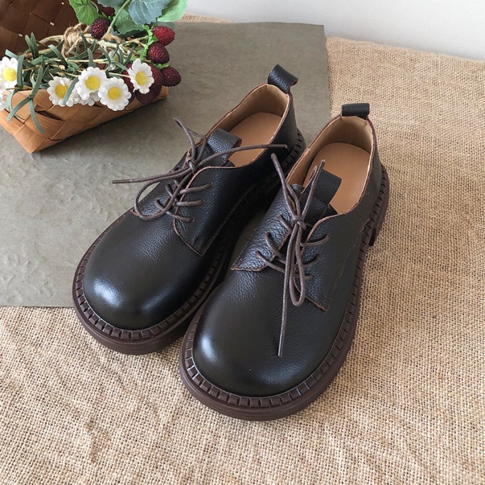 Retro Lace Up Leather Shoes Round Toe Oxford Shoes Grey/Black/Brown/Coffee