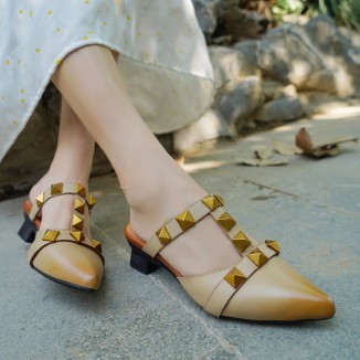 Point Toe Pumps Mid Heel Slip On Cowhide Leather Shoes Apricot/Coffee