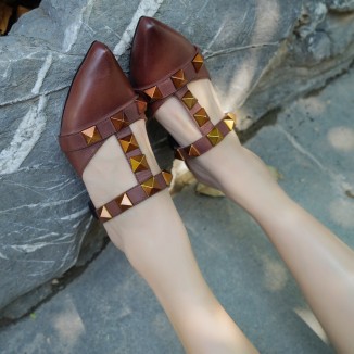 Point Toe Pumps Mid Heel Slip On Cowhide Leather Shoes Apricot/Coffee