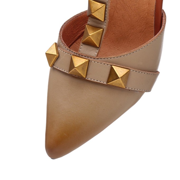 Point Toe Pumps Mid Heel Slip On Cowhide Leather Shoes Apricot/Coffee