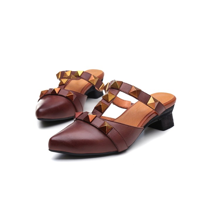 Point Toe Pumps Mid Heel Slip On Cowhide Leather Shoes Apricot/Coffee