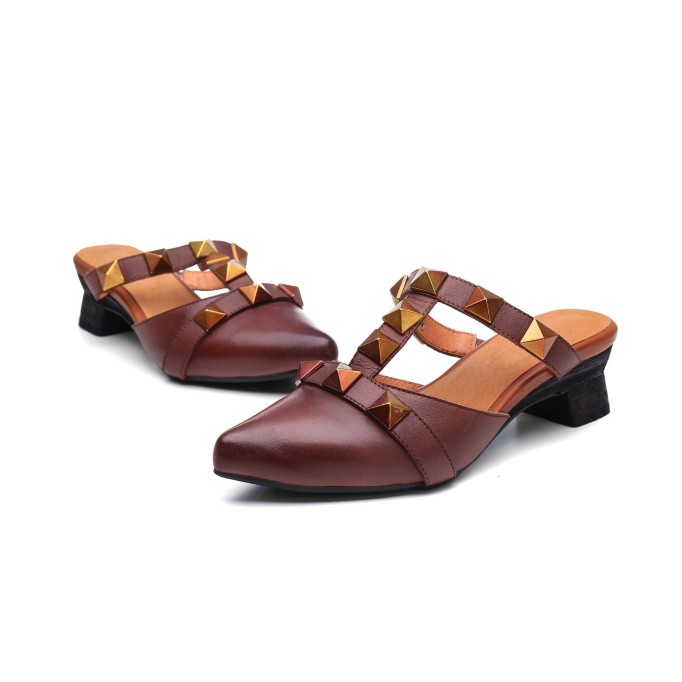 Point Toe Pumps Mid Heel Slip On Cowhide Leather Shoes Apricot/Coffee