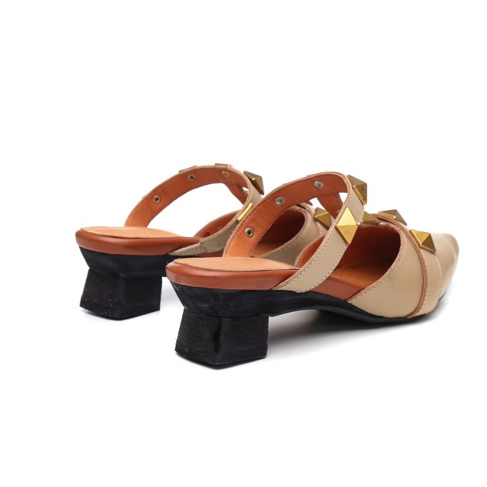 Point Toe Pumps Mid Heel Slip On Cowhide Leather Shoes Apricot/Coffee