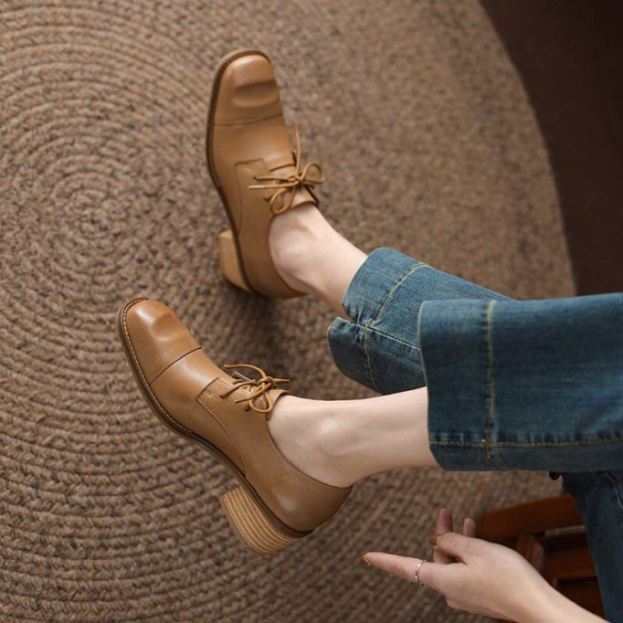 Mid Heel Oxfords & Tie Shoes For Women Block Heels Normal Fit in Apricot/Brown/Black