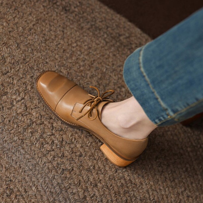 Mid Heel Oxfords & Tie Shoes For Women Block Heels Normal Fit in Apricot/Brown/Black