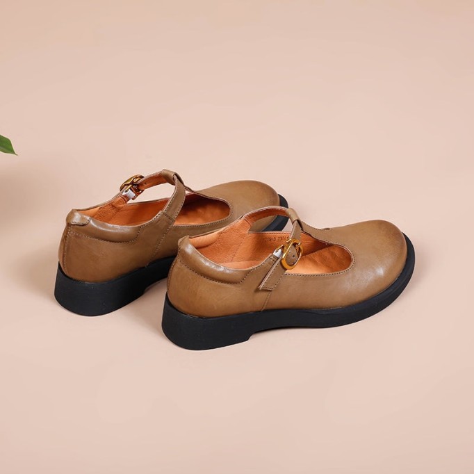 Handmade Retro Leather T Strap Mary Jane Shoes For Womens Round Toe Win Red/Black/Khaki