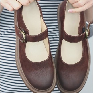 Retro Full Grain Leather Flat Mary Jane Shoes Handmade Round Toe Black/Coffee/Brown/Black Nubuck Leather