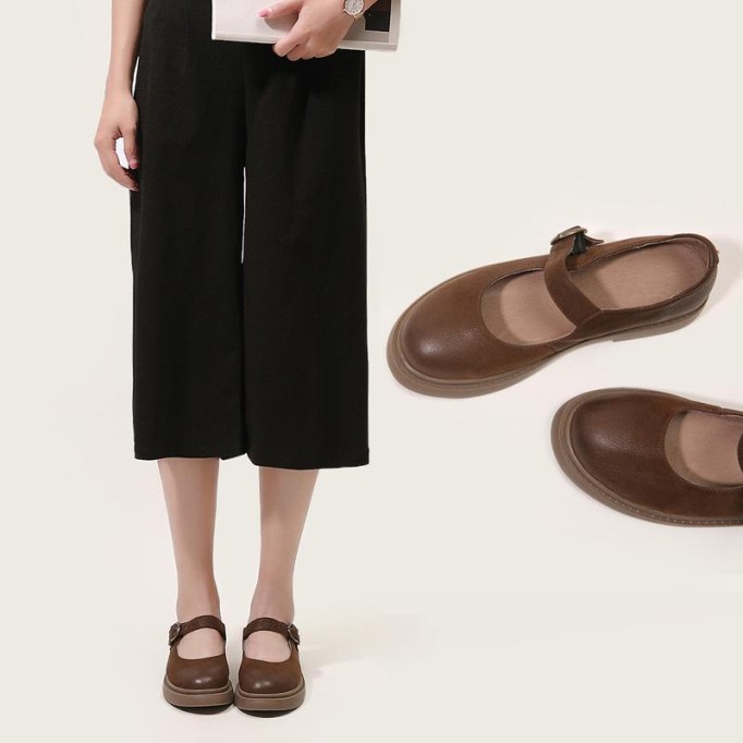 Retro Full Grain Leather Flat Mary Jane Shoes Handmade Round Toe Black/Coffee/Brown/Black Nubuck Leather