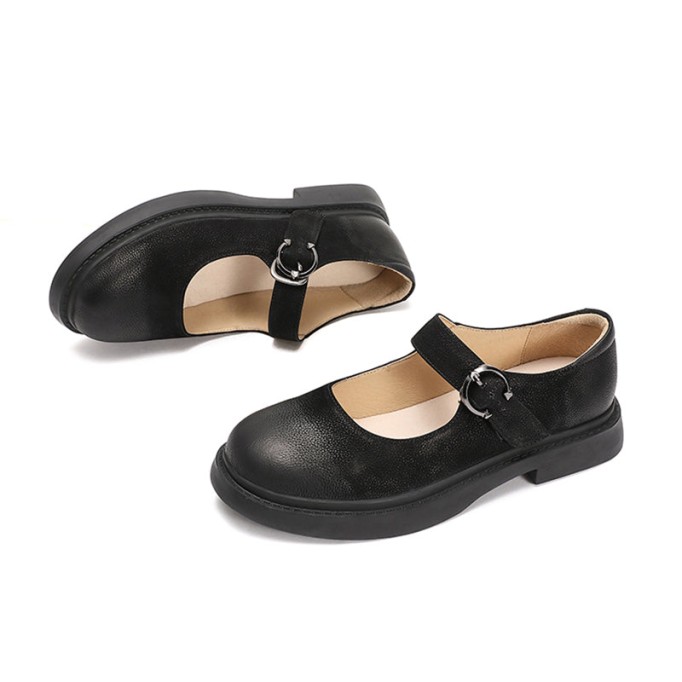 Retro Full Grain Leather Flat Mary Jane Shoes Handmade Round Toe Black/Coffee/Brown/Black Nubuck Leather
