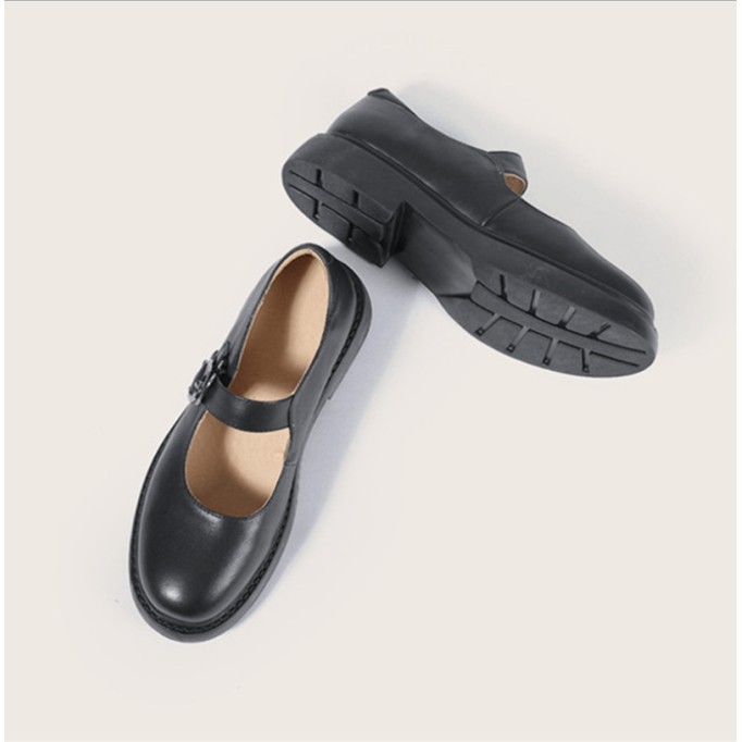 Retro Full Grain Leather Flat Mary Jane Shoes Handmade Round Toe Black/Coffee/Brown/Black Nubuck Leather