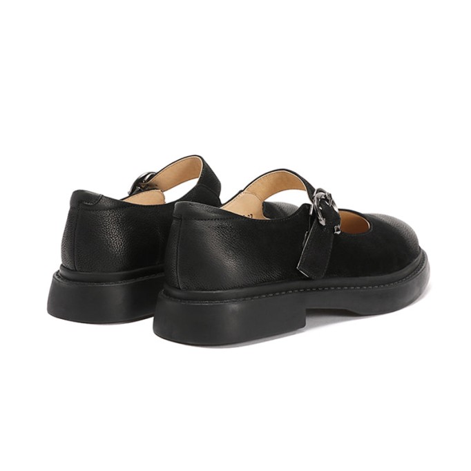 Retro Full Grain Leather Flat Mary Jane Shoes Handmade Round Toe Black/Coffee/Brown/Black Nubuck Leather