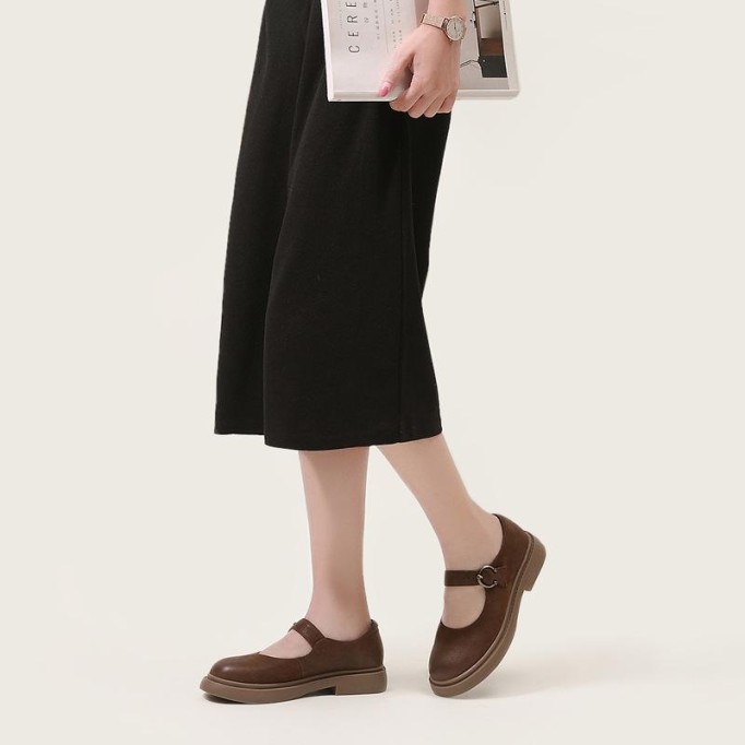 Retro Full Grain Leather Flat Mary Jane Shoes Handmade Round Toe Black/Coffee/Brown/Black Nubuck Leather