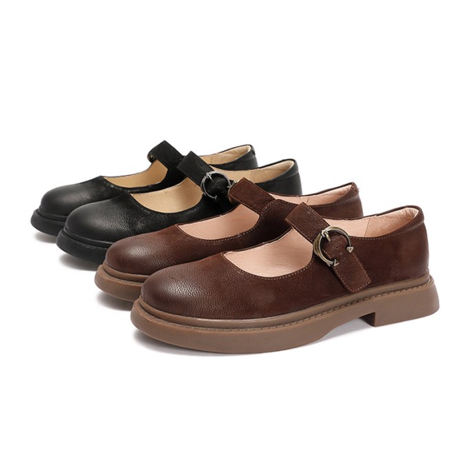 Retro Full Grain Leather Flat Mary Jane Shoes Handmade Round Toe Black/Coffee/Brown/Black Nubuck Leather