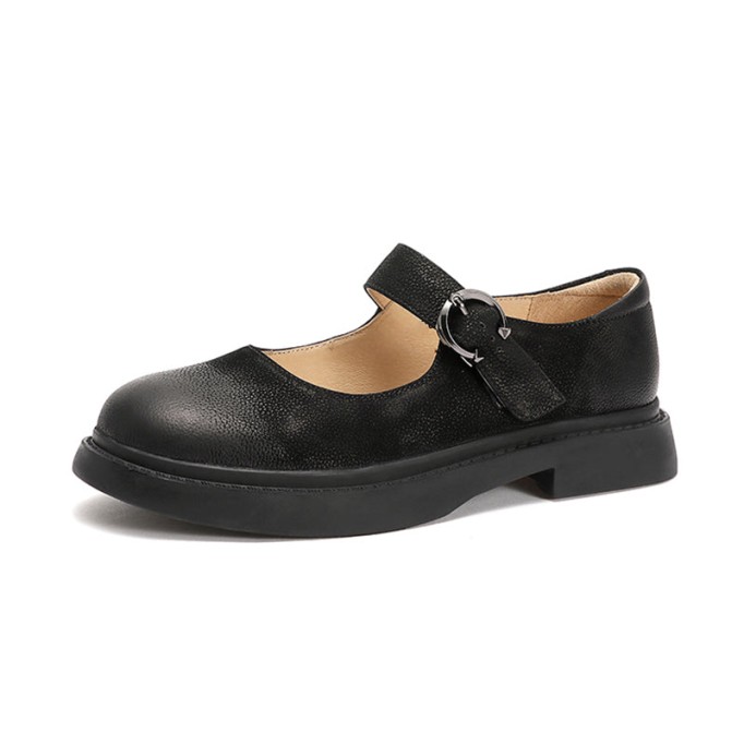 Retro Full Grain Leather Flat Mary Jane Shoes Handmade Round Toe Black/Coffee/Brown/Black Nubuck Leather