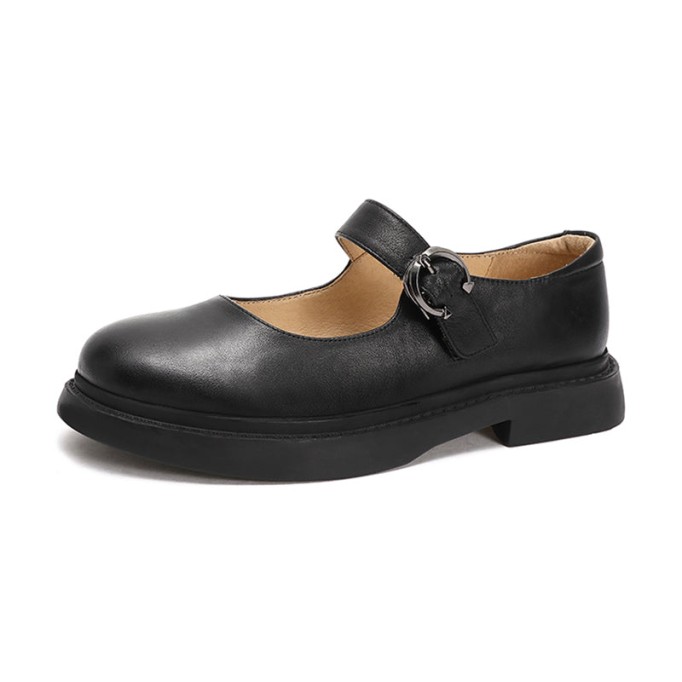 Retro Full Grain Leather Flat Mary Jane Shoes Handmade Round Toe Black/Coffee/Brown/Black Nubuck Leather
