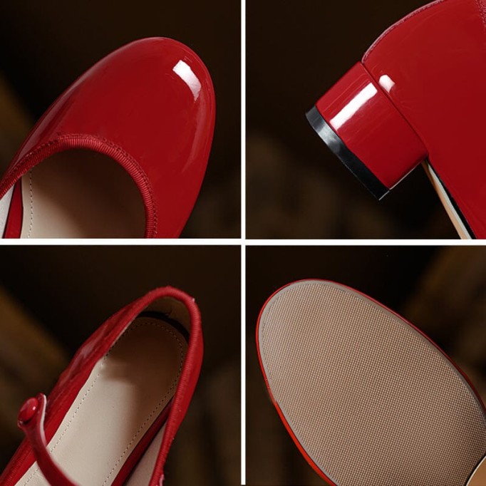 Handmade Leather Strappy Mary Jane Pumps with Bow Block Heel in Red/Black