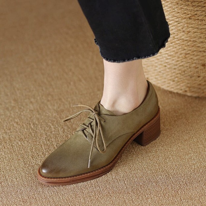 High Heel Oxfords & Tie Shoes For Women Block Heels Western R Toe Normal Fit in Khaki/Brown
