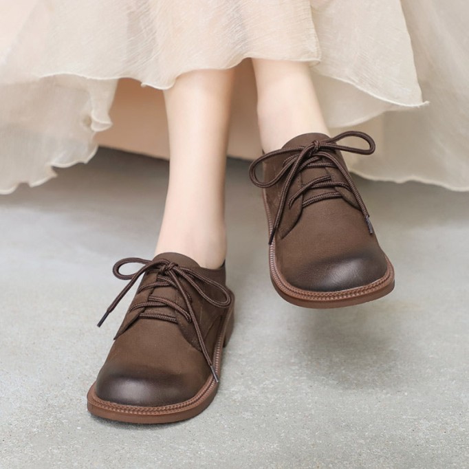 Retro Soft Leather Oxford Shoes For Women Handmade Designer Shoes Mori Girl Student Shoes Walking Flats Coffee/Brown/Black