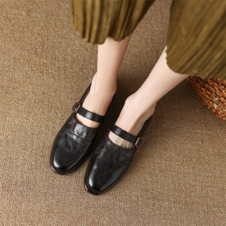 Handmade Leather Mary Jane Flats Ballerina Shoes in Black/Brown