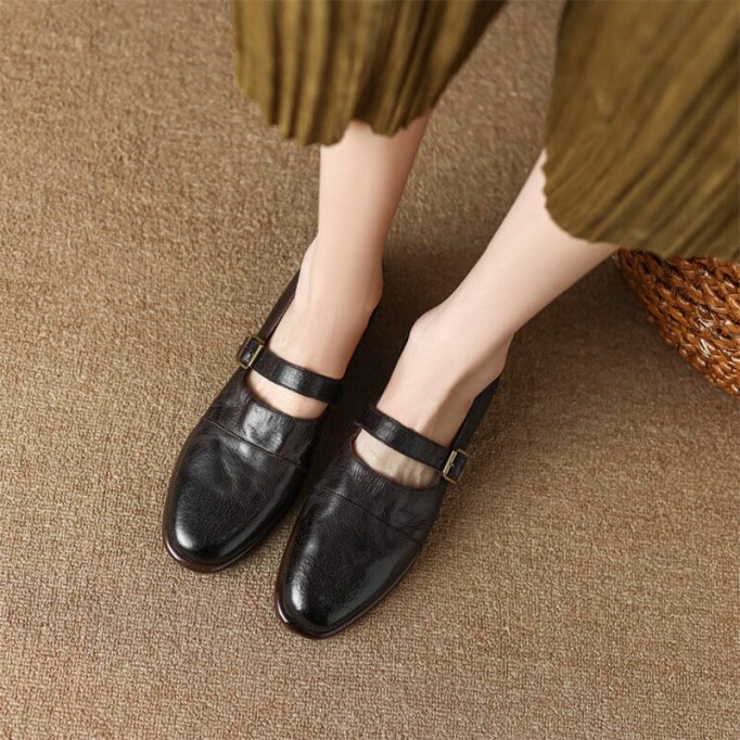 Handmade Leather Mary Jane Flats Ballerina Shoes in Black/Brown