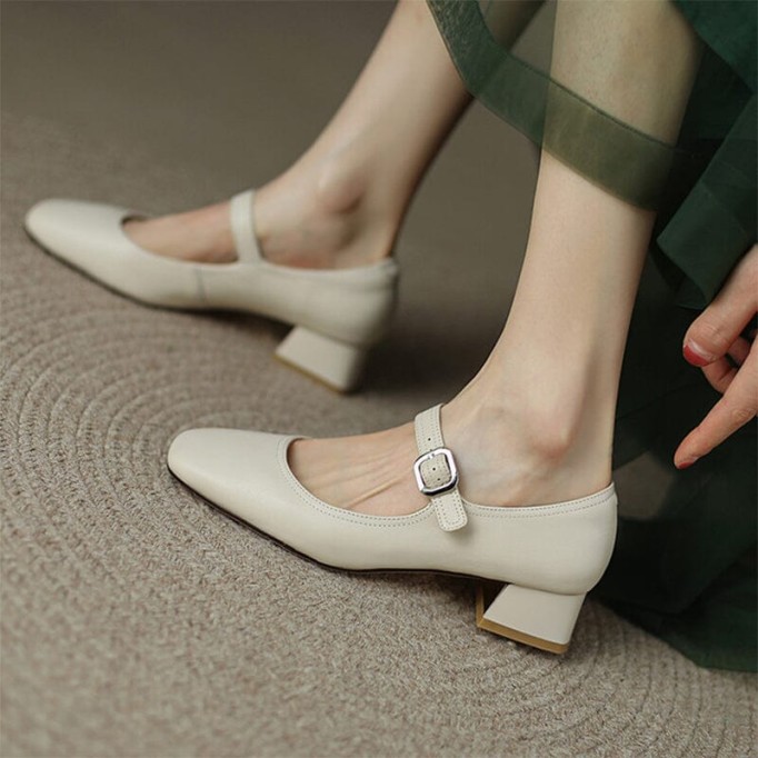 Handmade Leather Strappy Mary Jane Pumps Block Heel Office Shoes in Red/Beige