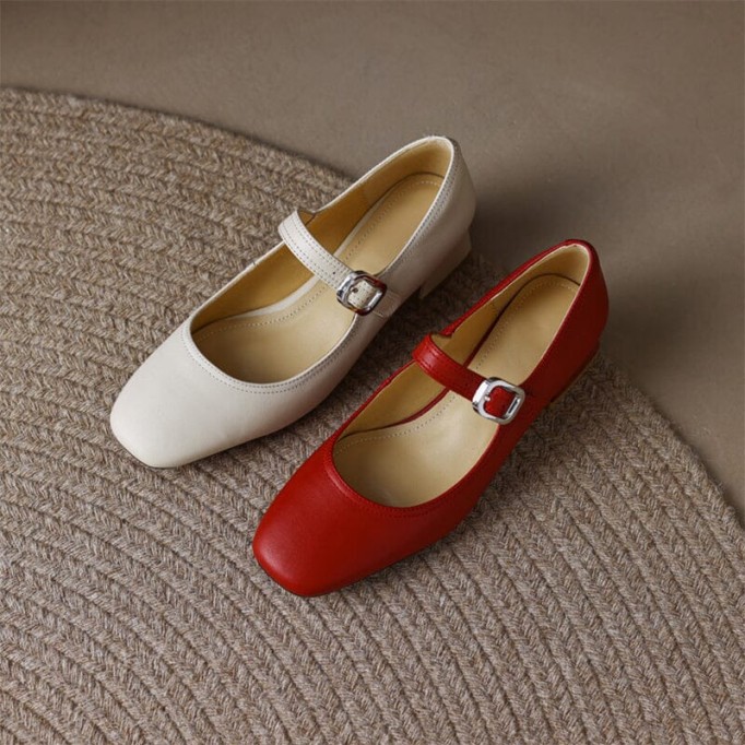Handmade Leather Strappy Mary Jane Pumps Block Heel Office Shoes in Red/Beige