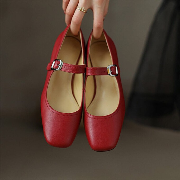 Handmade Leather Strappy Mary Jane Pumps Block Heel Office Shoes in Red/Beige