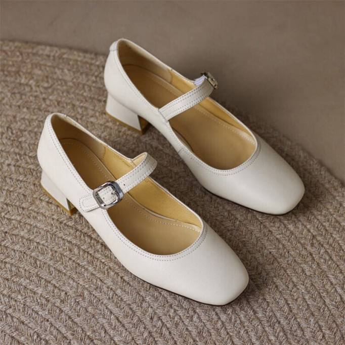 Handmade Leather Strappy Mary Jane Pumps Block Heel Office Shoes in Red/Beige