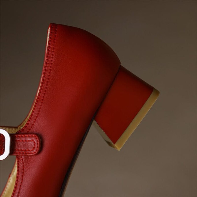 Handmade Leather Strappy Mary Jane Pumps Block Heel Office Shoes in Red/Beige