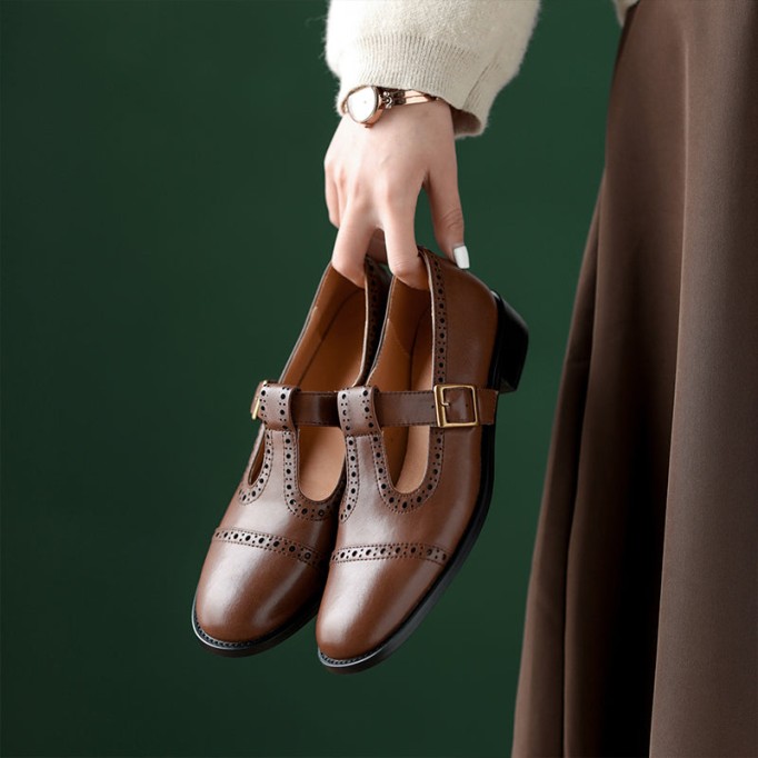 Handmade Leather Block T-strap Mary Jane Shoes For Womens Round Toe Retro Sandals