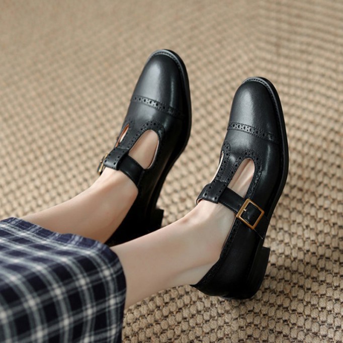 Handmade Leather Block T-strap Mary Jane Shoes For Womens Round Toe Retro Sandals