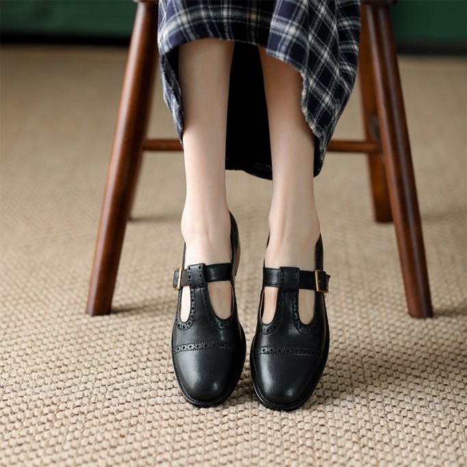 Handmade Leather Block T-strap Mary Jane Shoes For Womens Round Toe Retro Sandals