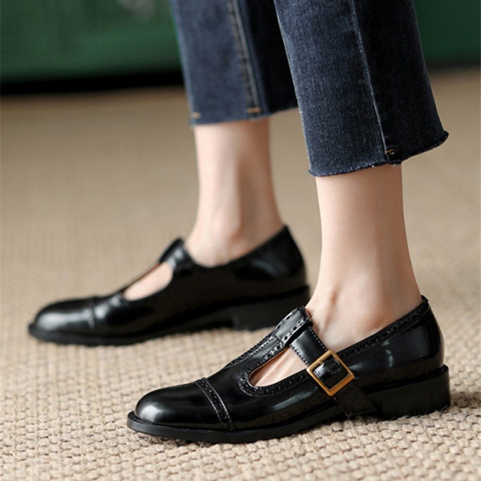 Handmade Leather Block T-strap Mary Jane Shoes For Womens Round Toe Retro Sandals