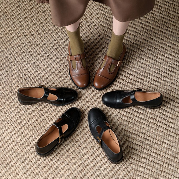 Handmade Leather Block T-strap Mary Jane Shoes For Womens Round Toe Retro Sandals