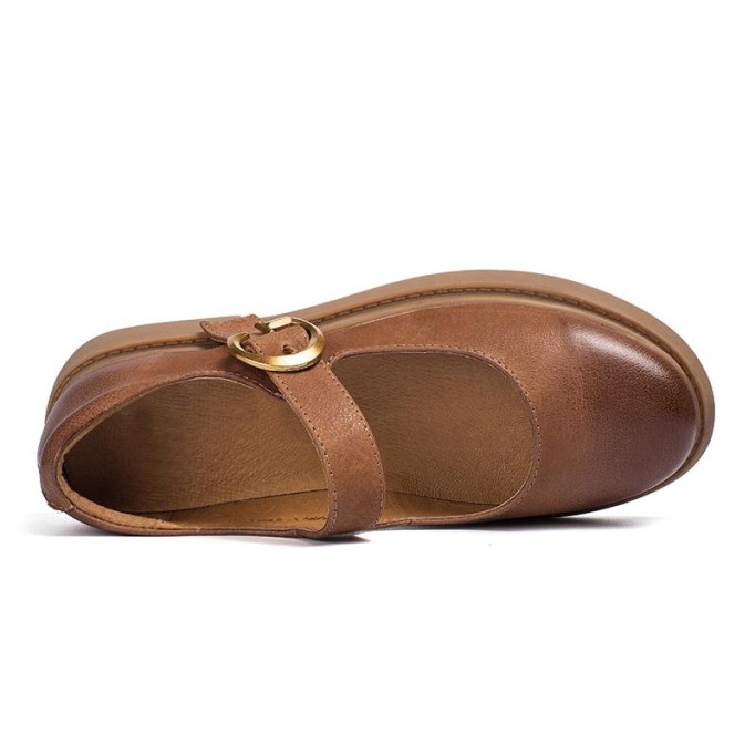 Handmade Retro Waxing Leather Flat Mary Jane Shoes For Women Round Toe Brown/Black/Coffee