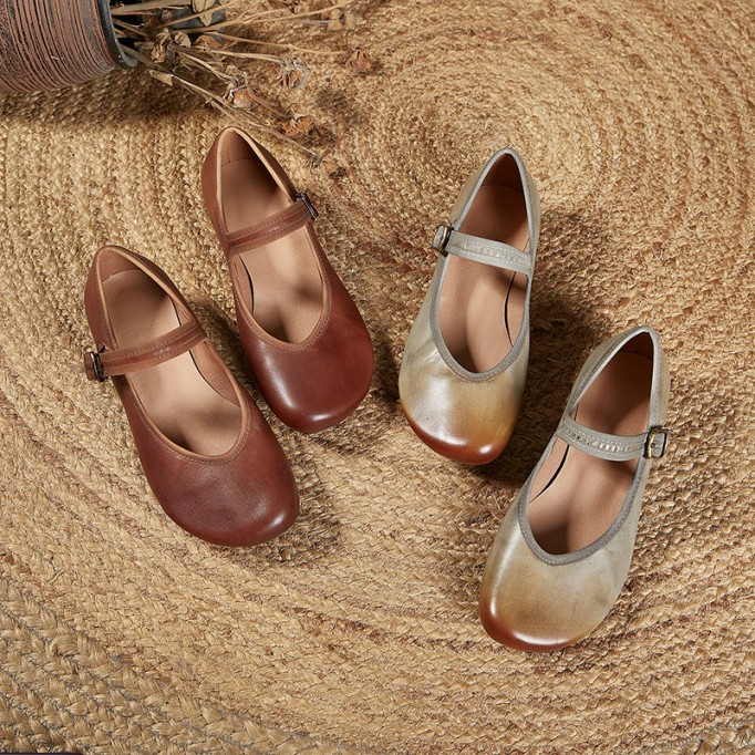 Handmade Leather Strappy Mary Jane Pumps Block Heel in Coffee/Beige