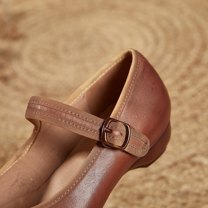 Handmade Leather Strappy Mary Jane Pumps Block Heel in Coffee/Beige