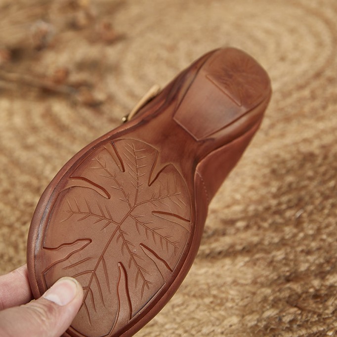 Handmade Leather Strappy Mary Jane Pumps Block Heel in Coffee/Beige