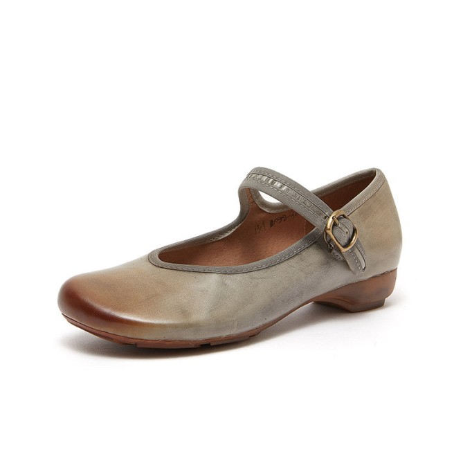 Handmade Leather Strappy Mary Jane Pumps Block Heel in Coffee/Beige