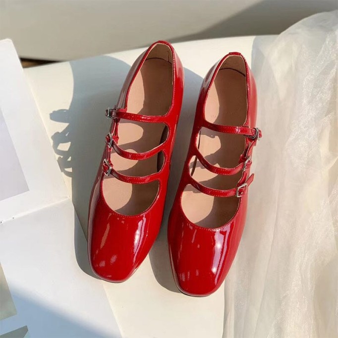 Handmade Leather Mary Jane Pumps Strappy Block Heel in Red/Black