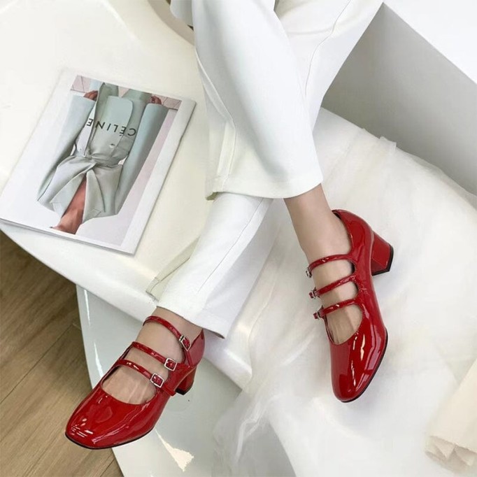 Handmade Leather Mary Jane Pumps Strappy Block Heel in Red/Black