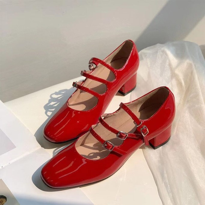 Handmade Leather Mary Jane Pumps Strappy Block Heel in Red/Black