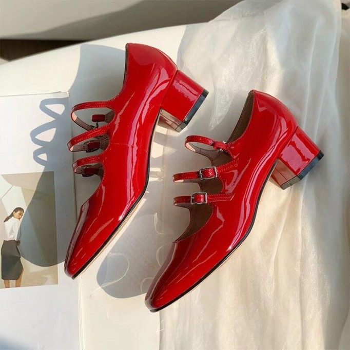 Handmade Leather Mary Jane Pumps Strappy Block Heel in Red/Black