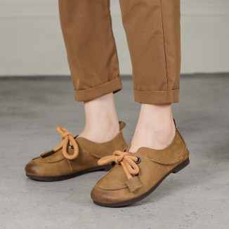 Handmade Soft Leather Lace Up Flat Oxford Shoes Coffee/Khaki