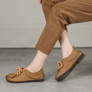 Handmade Soft Leather Lace Up Flat Oxford Shoes Coffee/Khaki