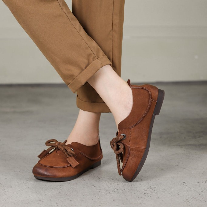 Handmade Soft Leather Lace Up Flat Oxford Shoes Coffee/Khaki