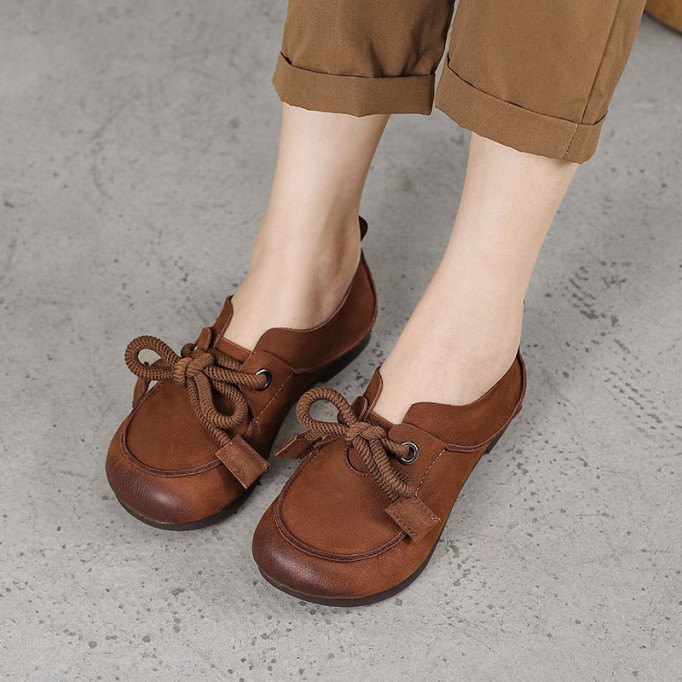 Handmade Soft Leather Lace Up Flat Oxford Shoes Coffee/Khaki