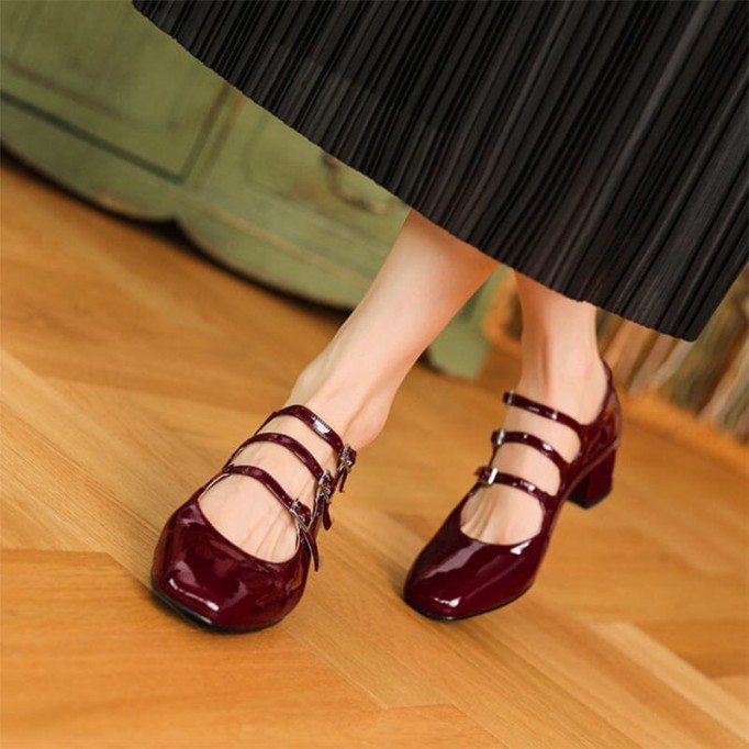 Handmade Patent Leather Mary Jane Pumps Strappy Block Heel in Red/Black